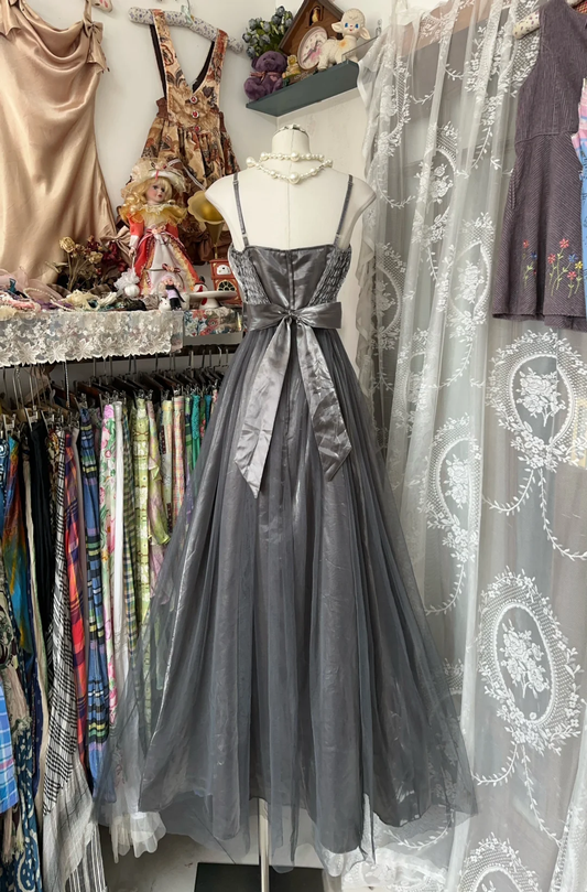 Grey Spaghetti Straps A-Line Vintage Long Prom Dress Formal Evening Gown, DP4570