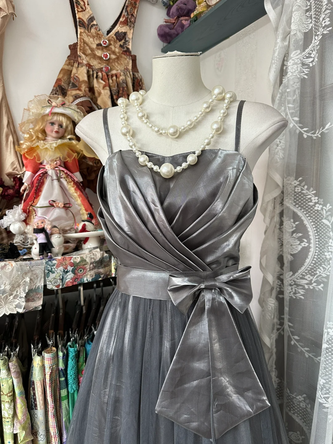 Grey Spaghetti Straps A-Line Vintage Long Prom Dress Formal Evening Gown, DP4570