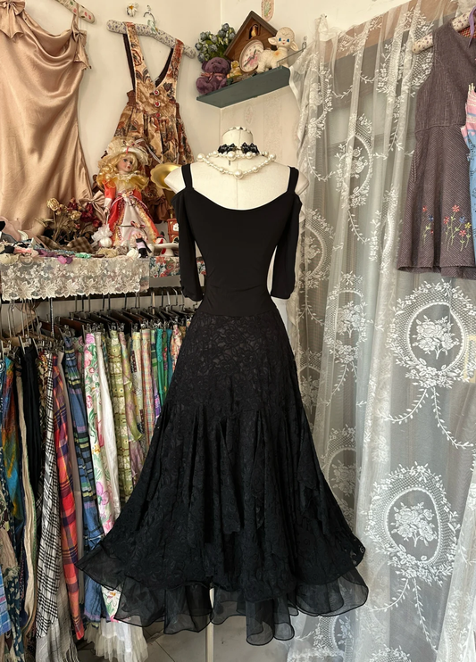 Black Straps Lace A-Line Vintage Long Prom Dress Formal Evening Gown, DP4571