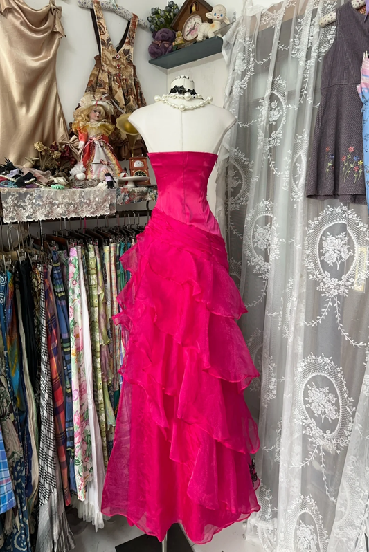 Hot Pink Strapless A-Line Vintage Long Prom Dress Formal Evening Gown, DP4572