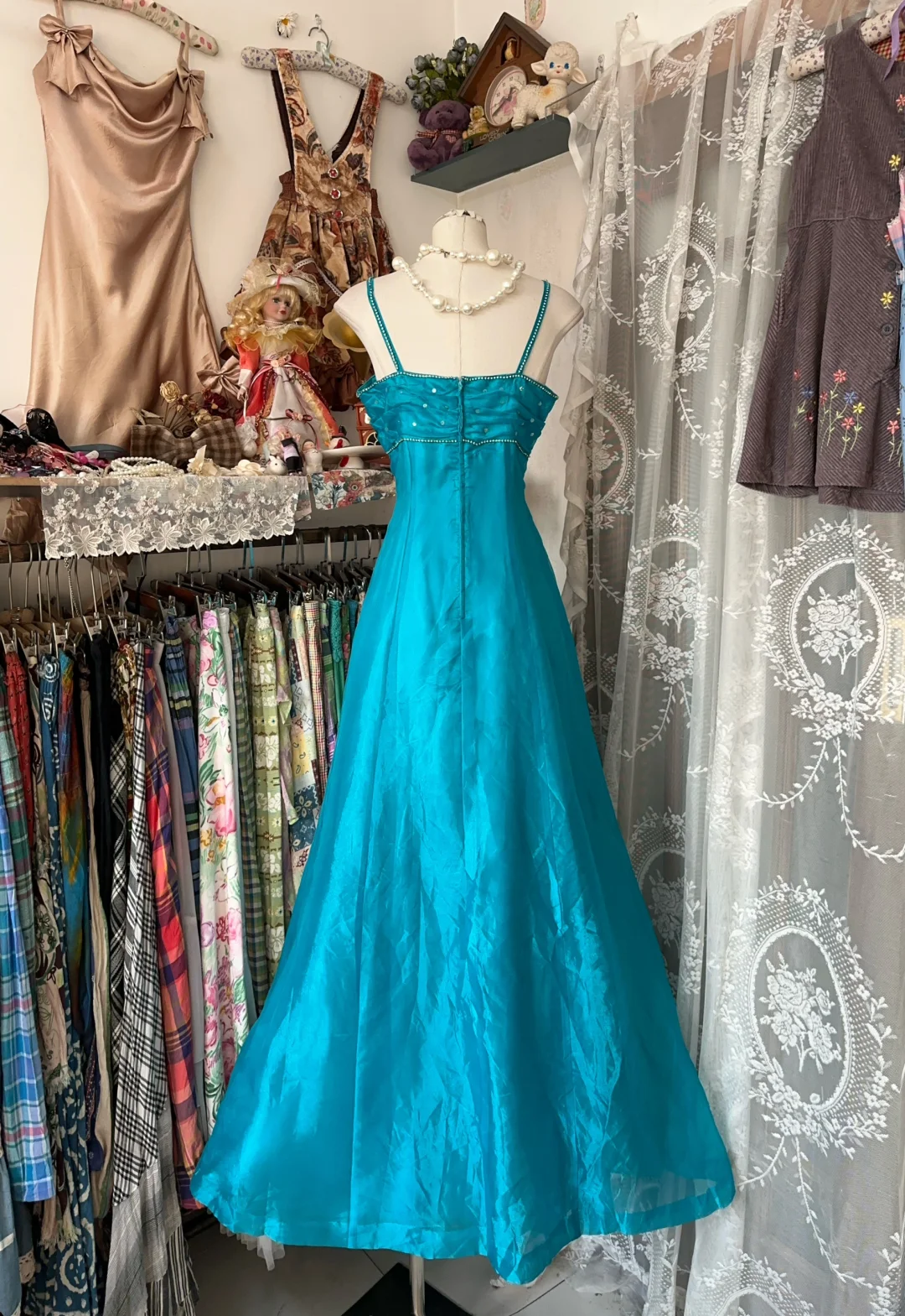 Turquoise Spaghetti Straps A-Line Vintage Long Party Dress Evening Gown, DP4575