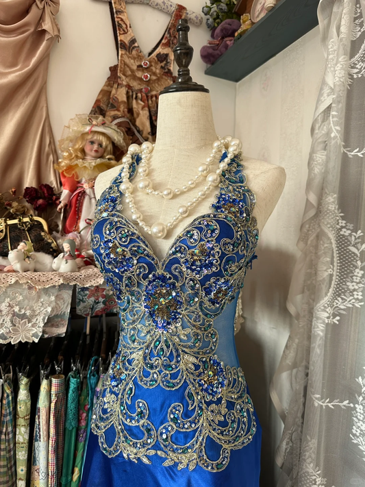 Royal Blue Halter Beading Mermaid Vintage Long Party Dress Formal Evening Dress, DP4580