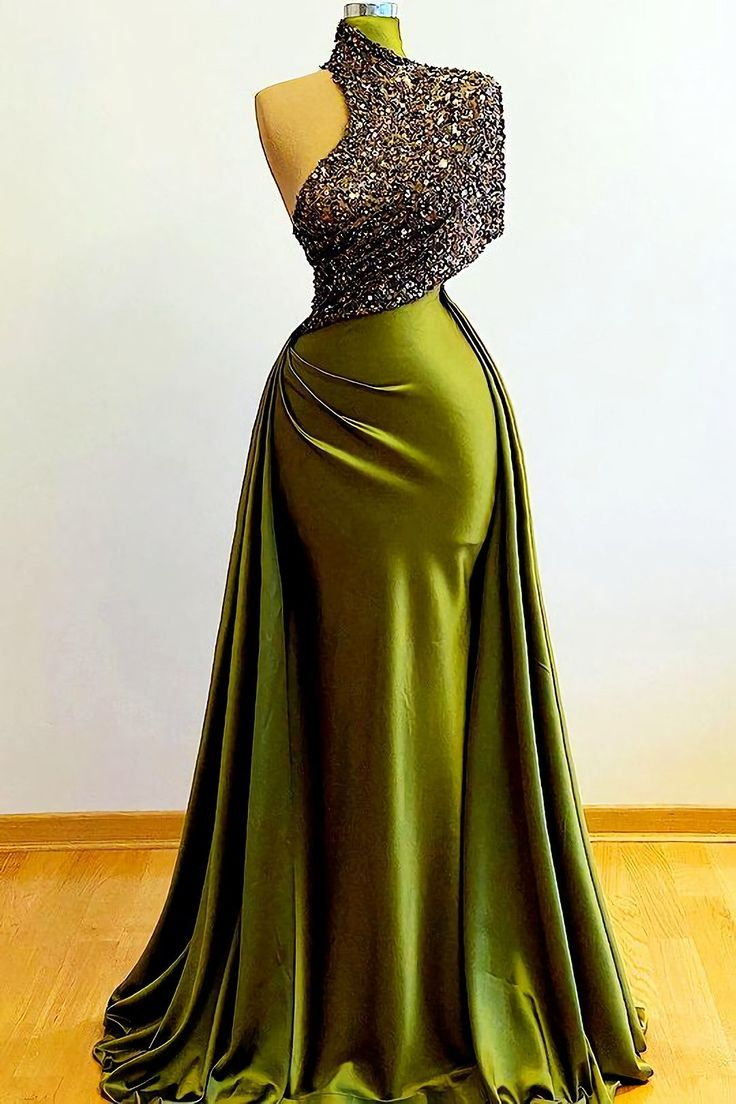 Robe de soirée sirène en satin vert olive à paillettes, DP4588
