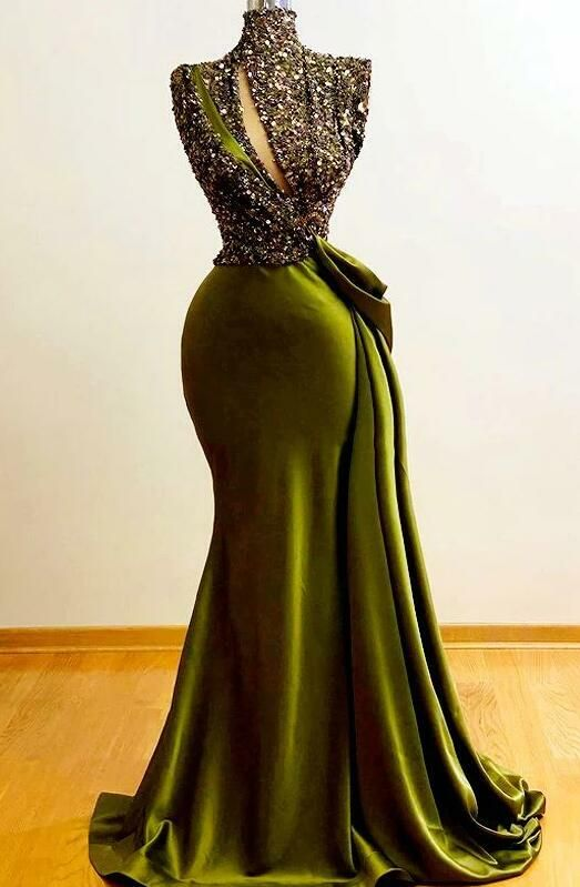Robe de soirée sirène en satin vert olive à paillettes, DP4588