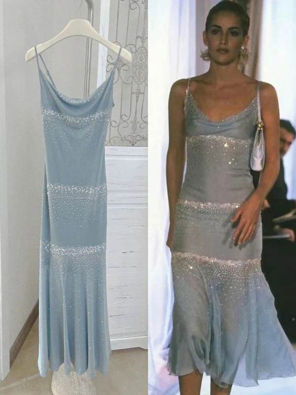 Light Blue Spaghetti Straps Sheath Cocktail Dress Midi Party Dress, DP4590