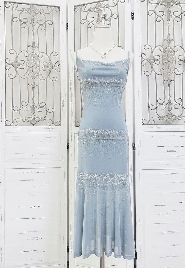 Light Blue Spaghetti Straps Sheath Cocktail Dress Midi Party Dress, DP4590