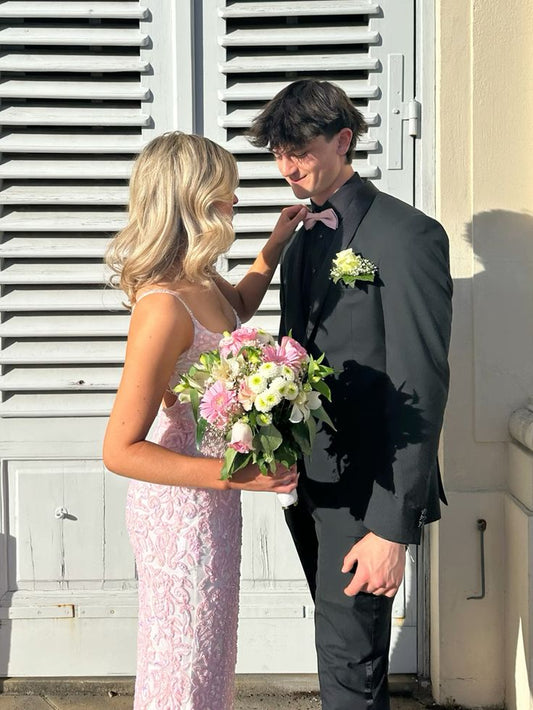 Rosa Träger Etuikleid Pailletten Langes Partykleid Abschlussballkleid mit Schlitz, DP4592