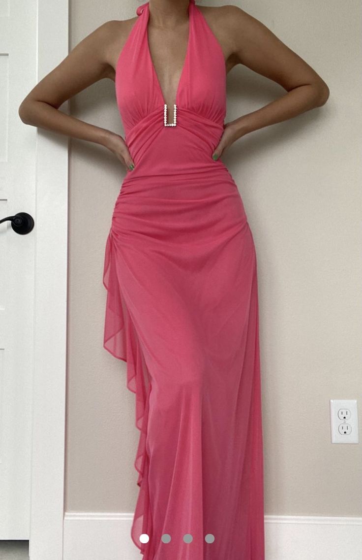 Pink V Neck Halter Vintage Long Party Dress Formal Evening Dress, DP4609