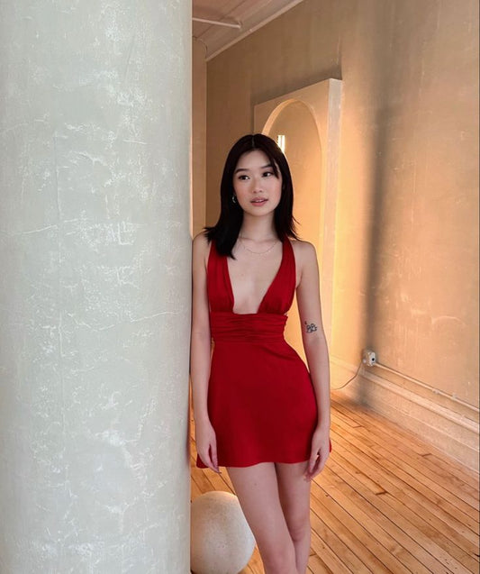 Robe de soirée courte en satin rouge sexy, coupe trapèze, tenue d'anniversaire, tenue de soirée, DP4611