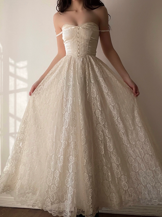 Robe longue de soirée rétro bustier en dentelle, coupe trapèze, robe d'anniversaire, robe vintage, DP4612