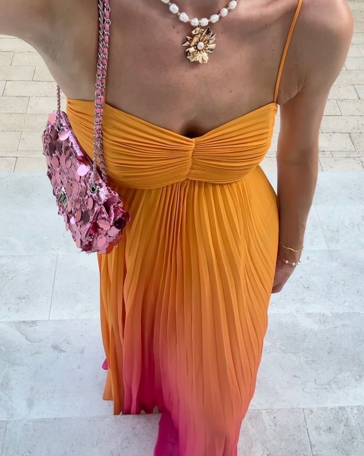 Orange Spaghettiträger A-Linie Plissee Langes Partykleid Hochzeitsgastkleid, DP4615