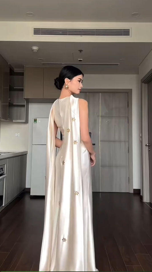 Robe de soirée élégante sans manches en satin ivoire, longue, DP4634