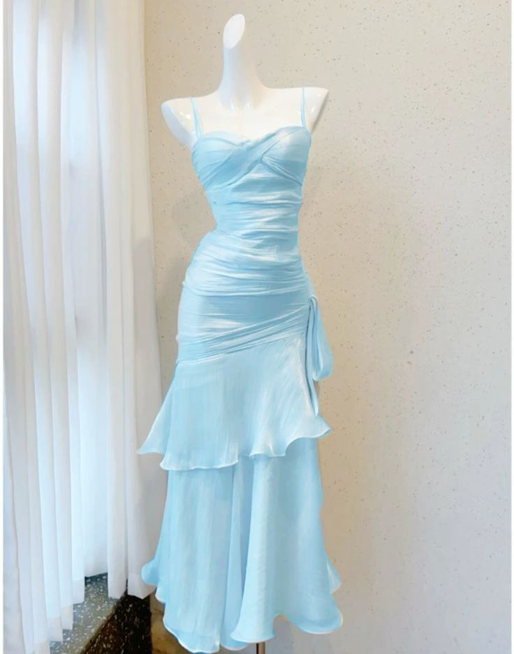 Light Blue Spaghetti Straps Sheath Chiffon Long Party Dress Birthday D