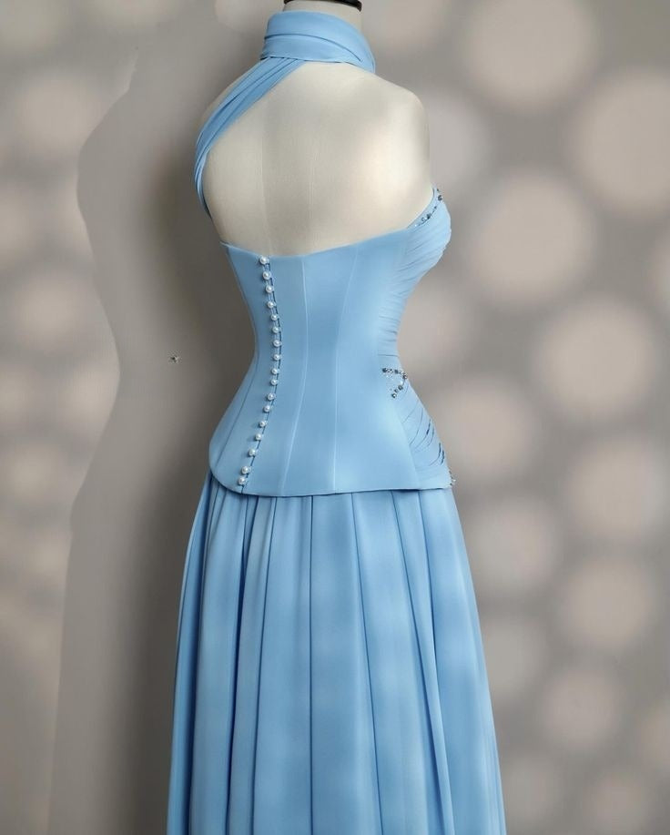 Robe de soirée longue et élégante, coupe trapèze, bleue, sans bretelles, DP4659
