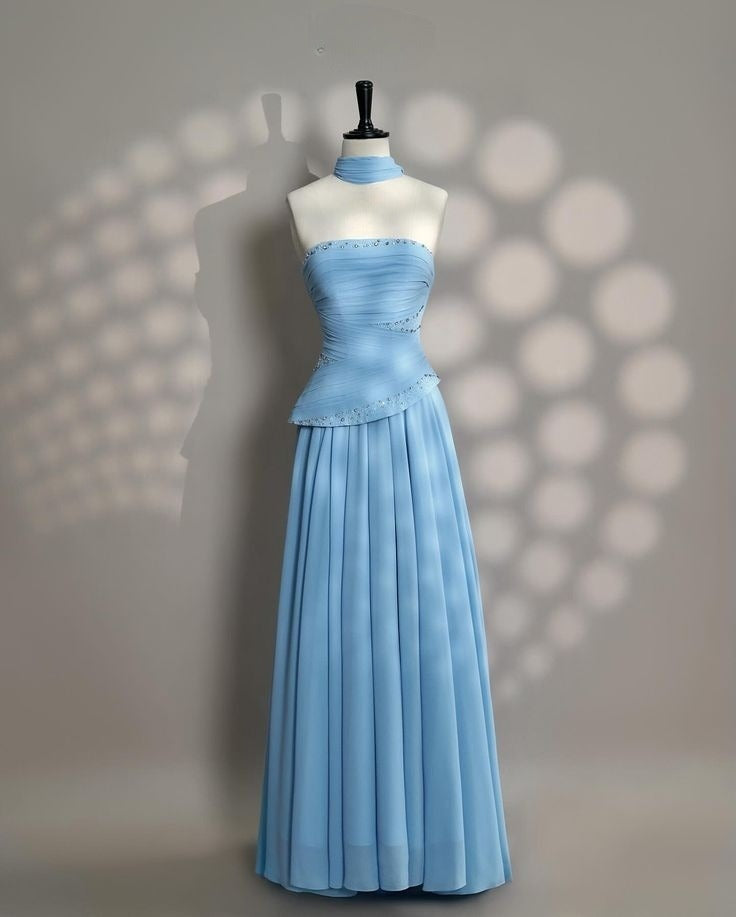 Robe de soirée longue et élégante, coupe trapèze, bleue, sans bretelles, DP4659