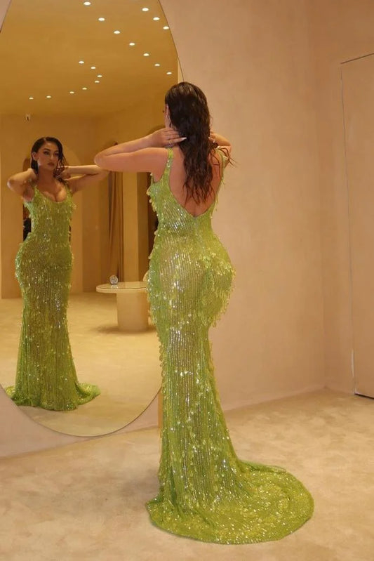 Stunning Green Straps Sequins Beading Mermaid Long Evening Gown, DP4660