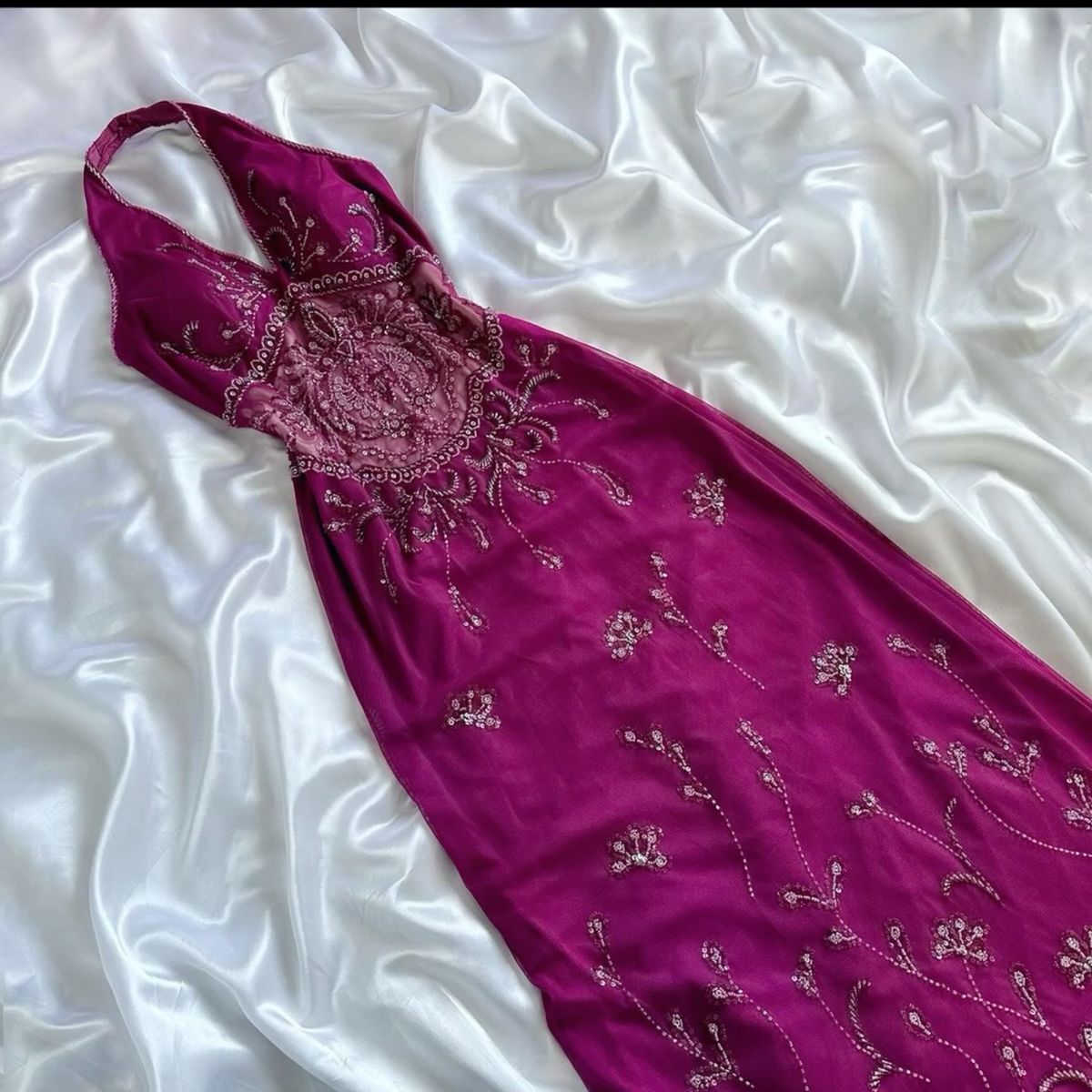 Fuchsia Halter Sheath Beading Chiffon Long Prom Dress Vintage Evening Dress, DP4668