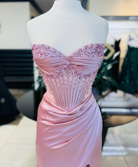 Pink Sweetheart Beading Mermaid Satin Long Party Dress Evening Dress, DP4690