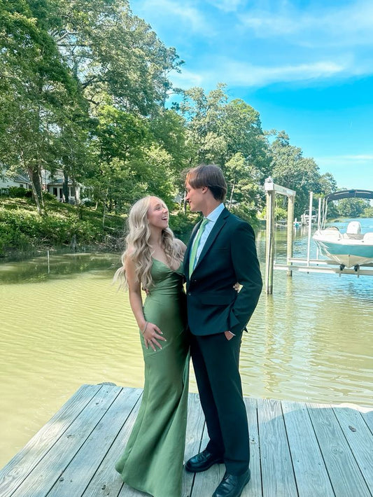 Green V Neck Sheath Satin Long Party Dress Wedding Guest Dress, DP4696