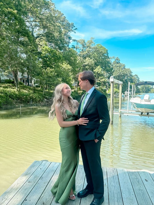 Green V Neck Sheath Satin Long Party Dress Wedding Guest Dress, DP4696