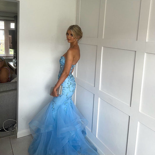 Blue Sweetheart Mermaid Appliques Beading Long Formal Prom Dress, DP4703