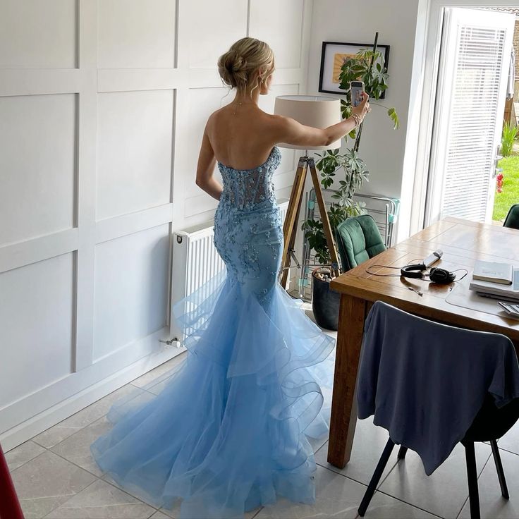 Blue Sweetheart Mermaid Appliques Beading Long Formal Prom Dress, DP4703