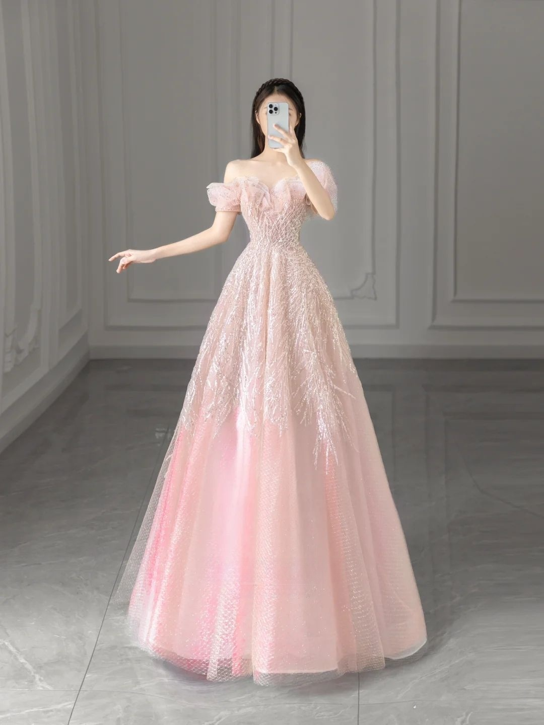 Pink Off Shoulder A-Line Tulle Appliques Long Formal Party Dress, DP4708