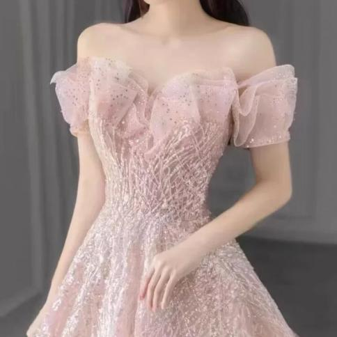 Pink Off Shoulder A-Line Tulle Appliques Long Formal Party Dress, DP4708
