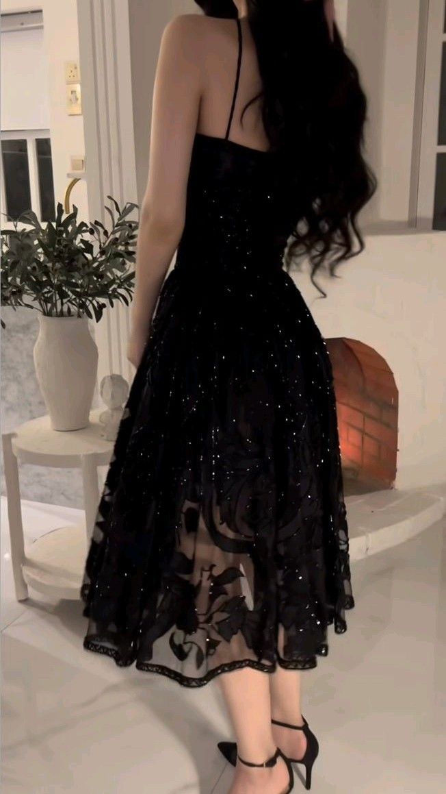 Black Halter Straps A-Line Midi Length Elegant Formal Party Dress, DP4709