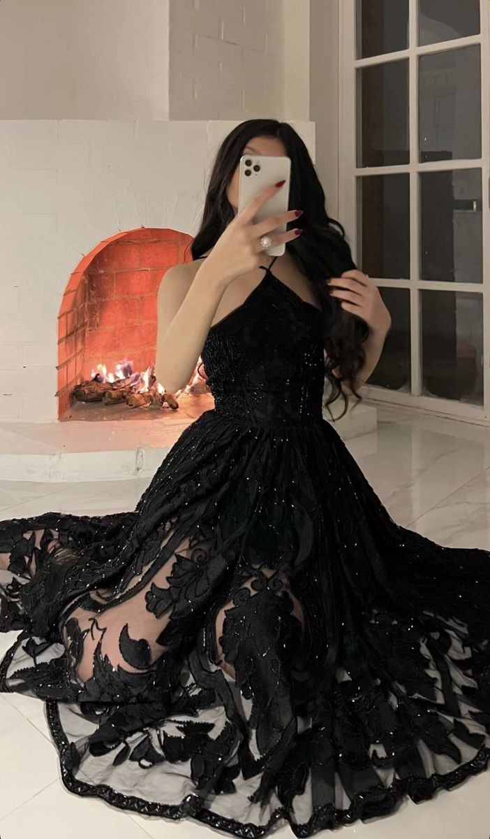 Black Halter Straps A-Line Midi Length Elegant Formal Party Dress, DP4709