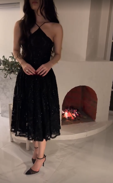 Black Halter Straps A-Line Midi Length Elegant Formal Party Dress, DP4709