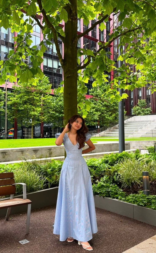 Light Blue V Neck A-Line Elegant Party Dress Wedding Guest Dress, DP4710