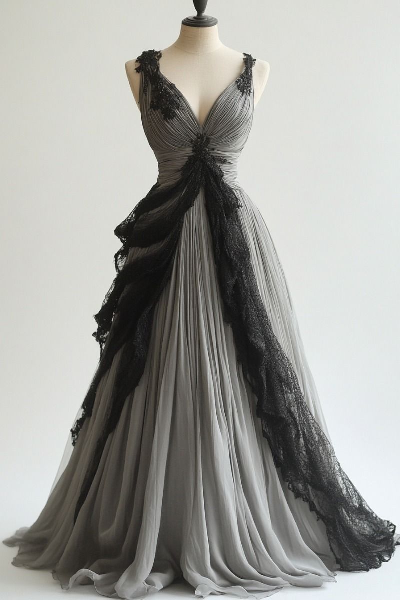 Robe de soirée longue en mousseline de soie et dentelle, coupe trapèze, col en V, avec bretelles, style Gren DP4722