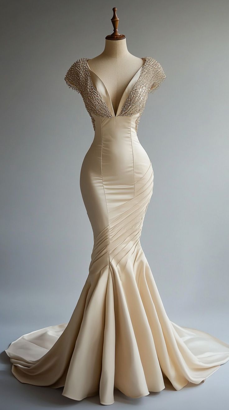 Champagne V Neck Mermaid Beading Satin Long Prom Dress Evening Gown, DP4725