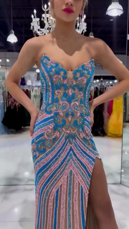 Sparkly Strapless Mermaid Sequins Split Long Prom Dress Evening Party Dress, DP4735