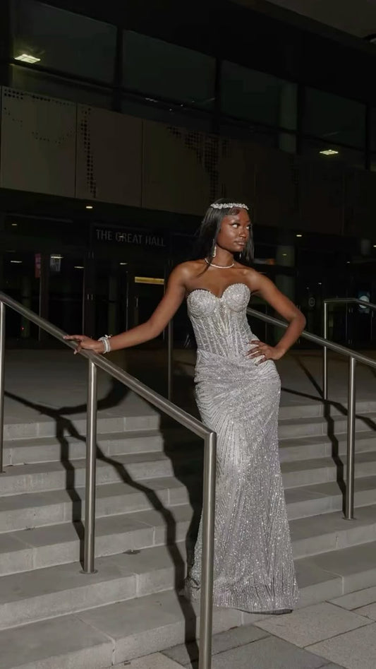 Funkelndes, silbernes, herzförmiges Meerjungfrauen-Abendkleid, sexy, langes Partykleid, DP4737