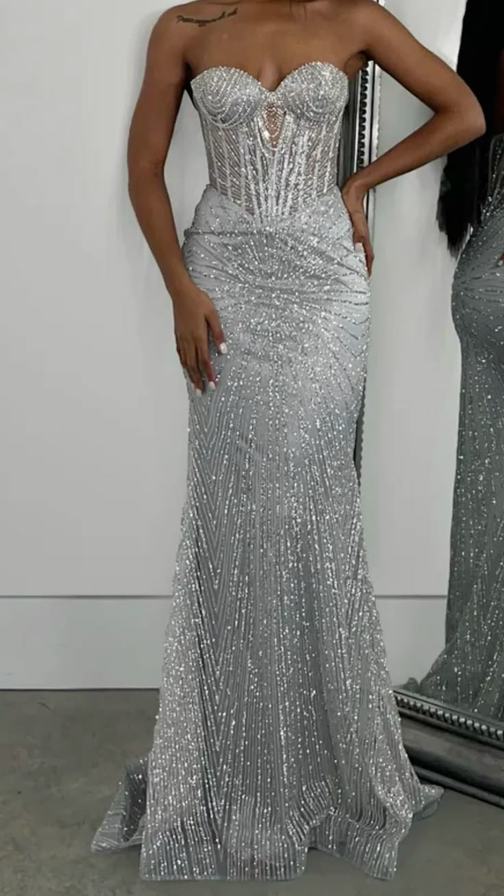 Sparkly Silver Sweetheart Mermaid Sexy Long Evening Party Dress, DP4737