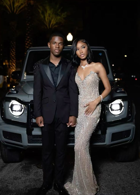 Champagner Herzausschnitt Perlen Pailletten Meerjungfrau Langes Abend Partykleid, DP4739