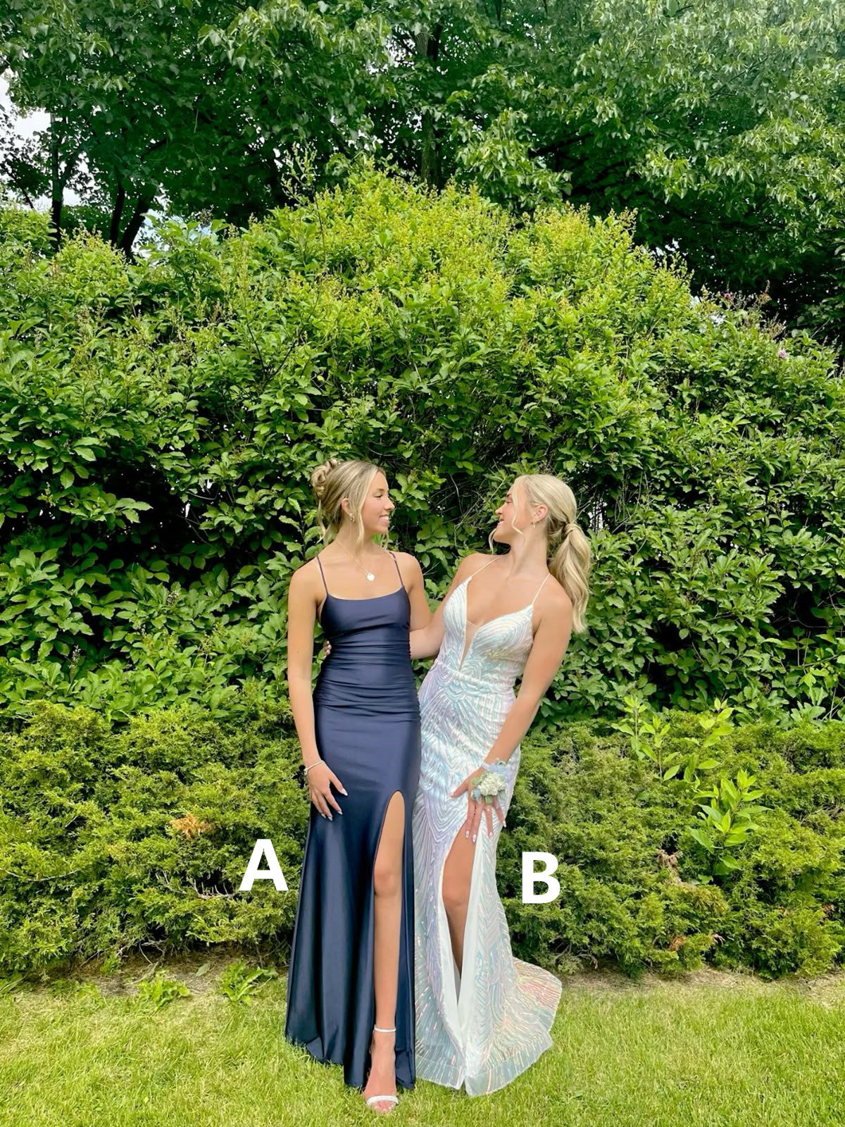 Navy Blue Straps Sheath Satin Split Long Party Dress Wedding Guest Dress, DP4747