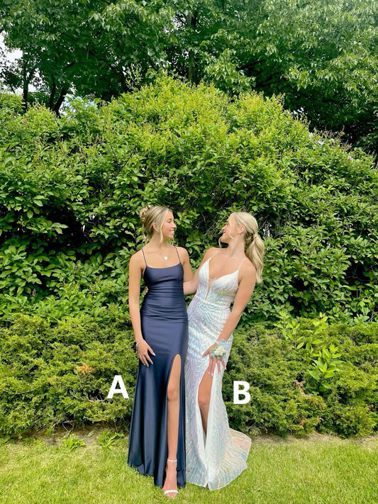 Navy Blue Straps Sheath Satin Split Long Party Dress Wedding Guest Dress, DP4747