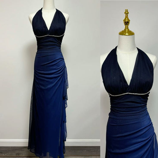 Dark Blue Halter Sheath Chiffon Long Party Dress Vintage Evening Dress, DP4759