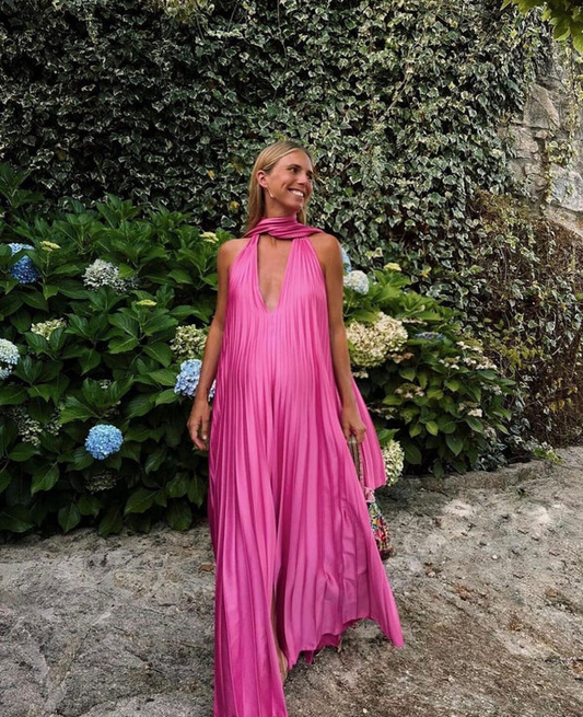 Pink Halter A-Line Satin Long Party Dress Pretty Wedding Guest Dress DP4762