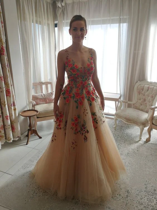 Champagne Tulle Floral Appliques A-Line Long Prom Dress Wedding Dress, DP4764