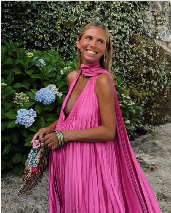Pink Halter A-Line Satin Long Party Dress Pretty Wedding Guest Dress DP4762