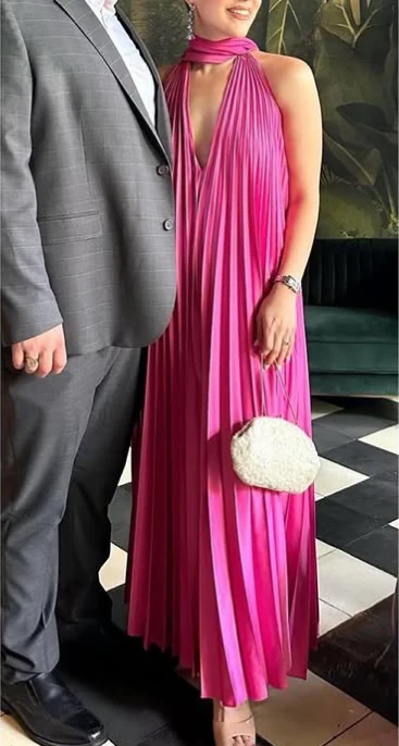 Pink Halter A-Line Satin Long Party Dress Pretty Wedding Guest Dress DP4762