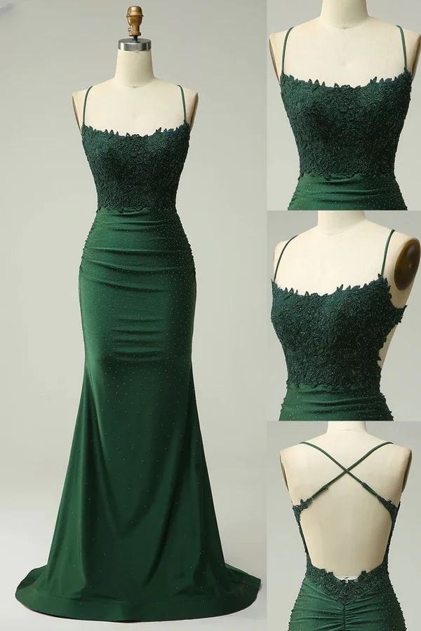Dark Green Straps Appliques Mermaid Long Formal Prom Dress Party Dress, DP4763
