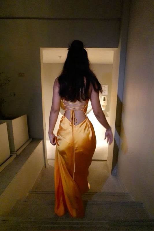 Orange Straps V Neck Sheath Satin Long Party Dress Wedding Guest Dress, DP4766