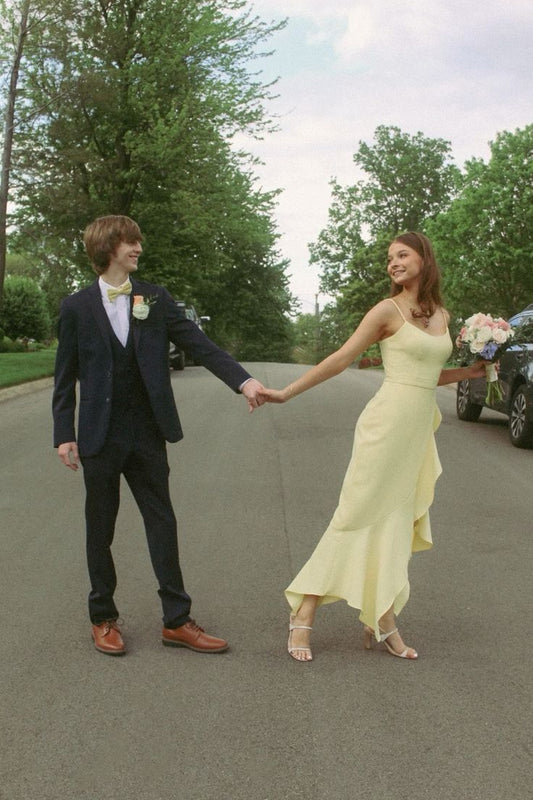 Light Yellow Spaghetti Straps Sheath Satin Ruffles Long Party Dress, DP4768