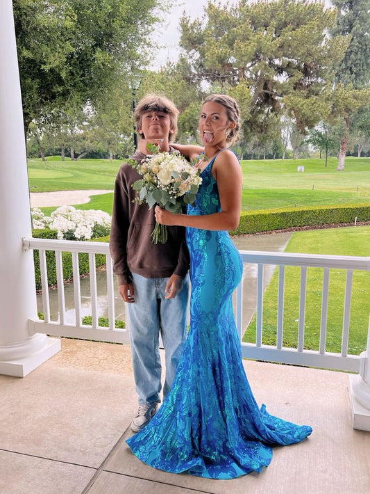 Sexy Blue V Neck Mermaid Sequins Long Prom Dress Evening Party Dress, DP4773