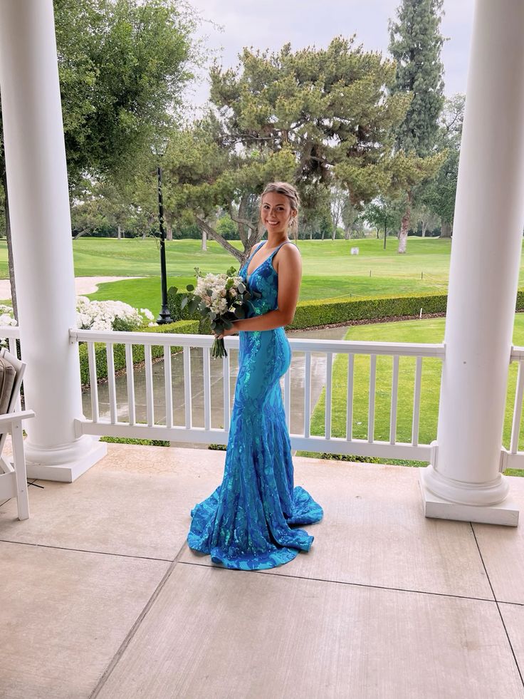 Sexy Blue V Neck Mermaid Sequins Long Prom Dress Evening Party Dress, DP4773